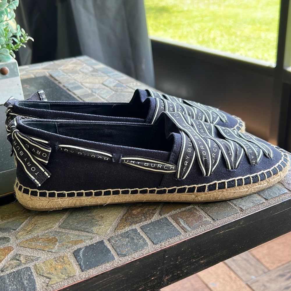 Tory Burch Ribbon Espadrilles in the color navy.